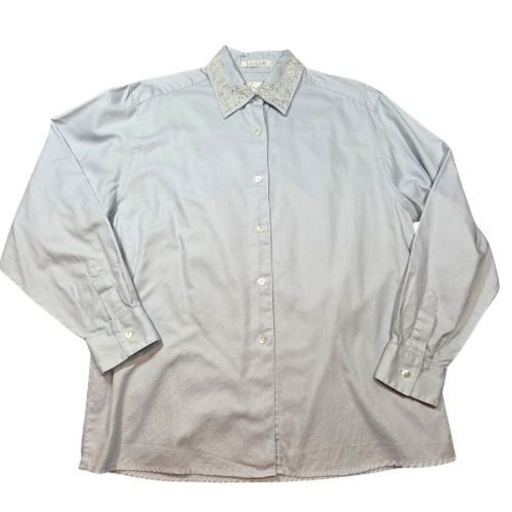 Vintage Foxcroft Sz 8 Blue 100% Cotton Embroidered Collar Button Down Grandma